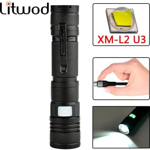 Litwod Z201301 XM-L2 U3 Micro USB Rechargeable LED Flashlight torch Zoomable 5 Modes switch Aluminum Lanterna flashlight Torch