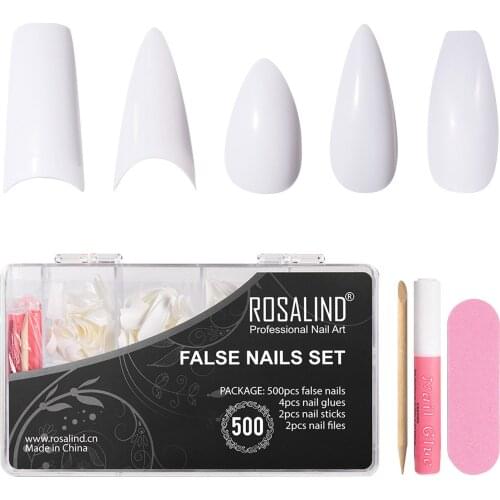 New 500Pcs False Nail Set Natural Transparent White Fake Nails with Free Glues Nail Files Nail Sticks Manicure for Nail Diy