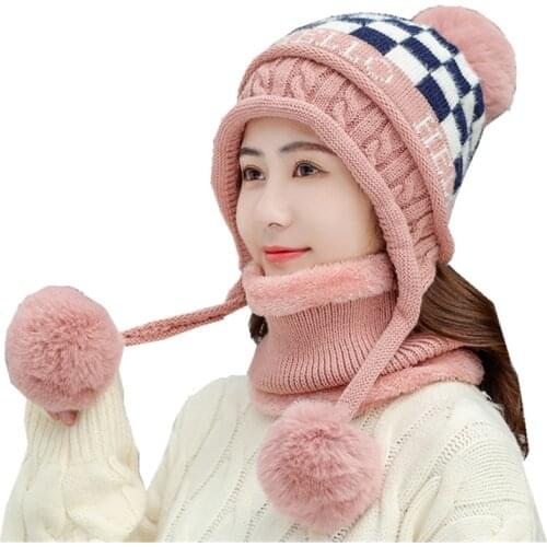 New Winter Womens Ski Cap Hat Scarf Set Knitted Warm Beanies With Three Pompom Ball Female Balaclava Wool Thicken Hat Scarf Set