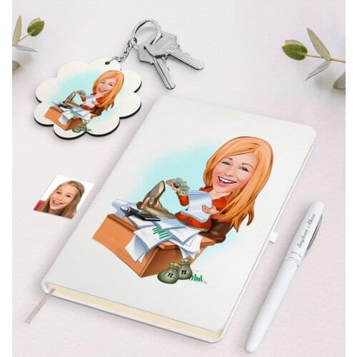 Personalized Women 'S Boss Caricature Of White Notebook pen And Keychain Gift Seti-3 Reliable Quality Gift Casual design