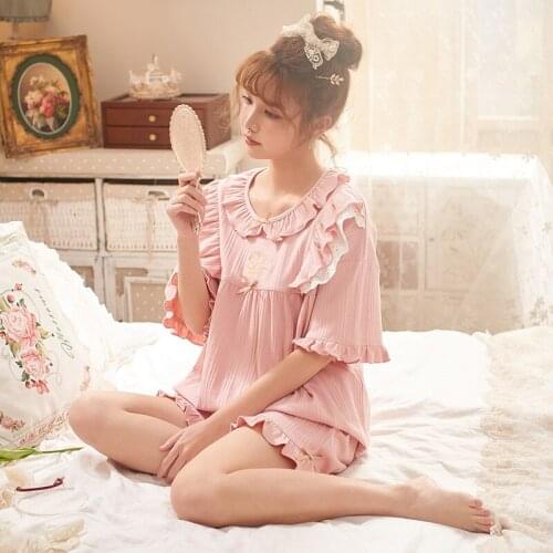 Wasteheart Sexy Women Pink Sleep Nightwear Suits Night Bow Pajama Sets Lace Sleepwear 2 Pieces Backless Shorts Lovely Homewear