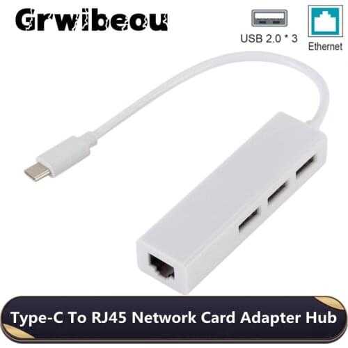 Grwibeou USB 2.0 3 Port Hub USB + Type-C USB 2.0 Lan Rj45 Ethernet Network Adapter Cable Portable High Speed Data Hub for Laptop