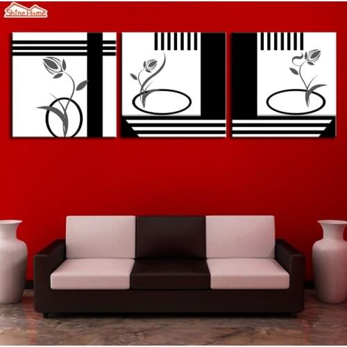 ShineHome-3pcs Triptych Modular Canvas Paintings Black White Simple Lines Flower Wall Picture Poster Prints for Living Room Deco