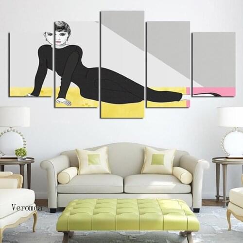 Nordic Poster Fashion Girl with Short Hair In Black Canvas Painting Five Pieces Hd Print Wall Art Picture for Living Room Decor