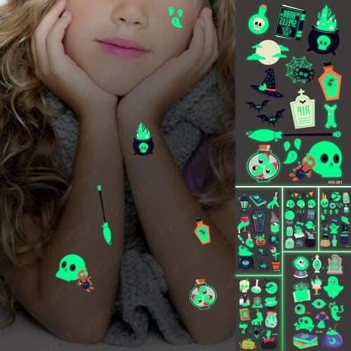 Luminous Waterproof Temporary Tattoo Sticker Halloween Skull Undead Night Glowing Tatoo Woman Kids Child Boys Girl 3D Fake Tatto