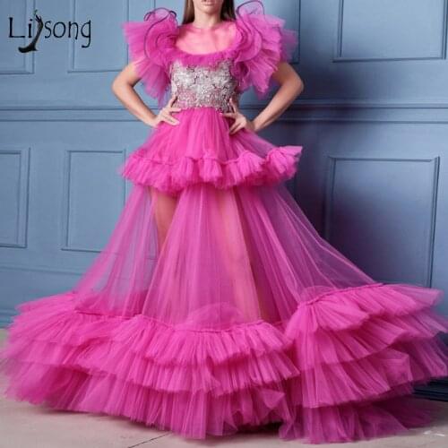 Sexy See Thru Fuchsia Tulle A-line Evening Dresses Ruffles Tiered Puffy Long Prom Gowns Floral Lace Formal Party Dress 2020
