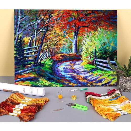 Landscape Forest Road Printed Water-Soluble Canvas 11CT Cross Stitch Embroidery Patterns DMC Threads Sewing Package