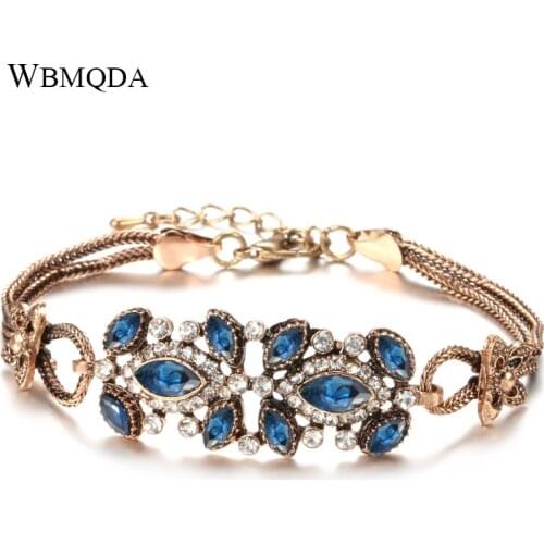 Wbmqda 2020 New Boho Women Blue Stone Flower Charm Bracelets Antique Gold Color Ethnic Turkish Bracelet Bangles Vintage Jewelry