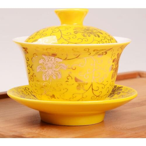 Yellow Prayering Tea Tureen China Tea Cup and Saucer Set Retro Gaiwan Ceramic Teaware Bowl Chinese Festvial Serving Teacup