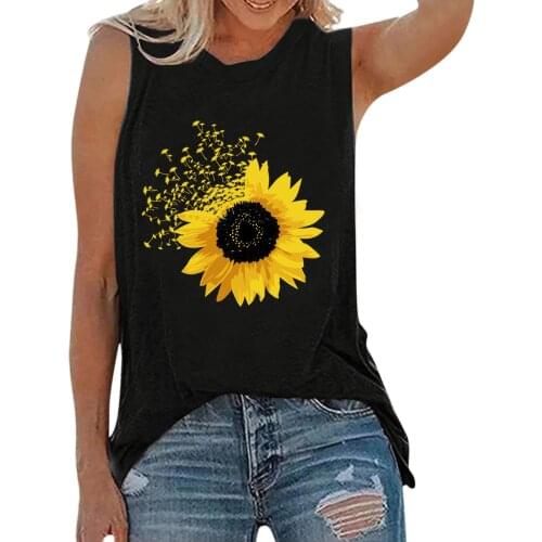 Women Fashion Casual Round Neck Short Sleeve T-Shirt Solid Color Personalized Sunflower Printing Daily All-match Lovely Shirt