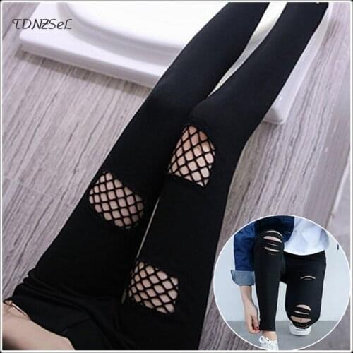 Women Sexy Hole Cut Out Leggings Fishing Net Hollow Slim Black Skinny Stretch Pencil Pants Punk Ripped Casual Split Trousers New