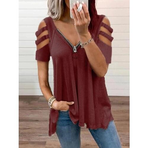Womens Top Summer Loose Kawaii T-Shirts Women Hollow Out Sleeves Zipper Short Sleeve Pink T Shirts Y2K Ropa Mujer Casual Tops