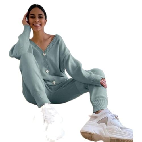 2021 Womens Sportswear V-neck Solid Color Neck Sweater Casual Suit Spring and Autumn Two-piece Knit Pants Sports Suit