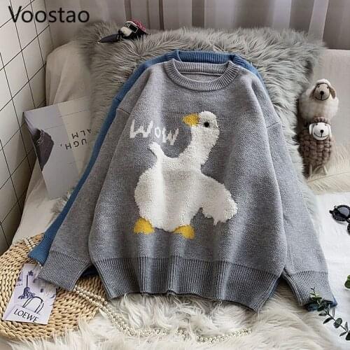 Autumn Winer Women Knitted Sweater Cute Japanese Cartoon Pullover Spring Lady Sweet Letter O-Neck Loose Sweaters Chic Pull Femme