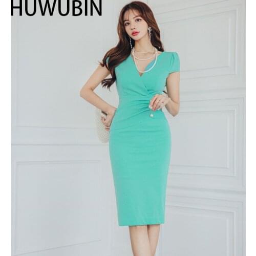 Summer New Korean Womens Unique Celebrity Temperament V-Neck Fashion Waist Nail Bead Slim Bag Hip Avant-Garde Fashion Dress