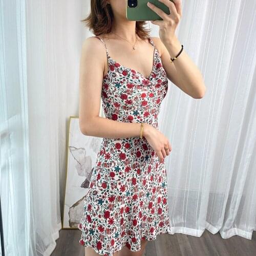 Ladies Sexy Silk Floral Printed Short Mini Dress With Spaghetti Strap
