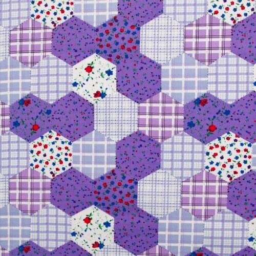 1 yard Cotton Poplin Fabric for sewing pathwork, dress, cloth, bedding - Flowers and hexagonal lattice (purple) (width=140cm)