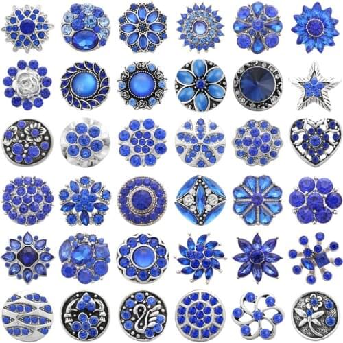 5pcs/lot New Snap Jewelry 18mm Metal Snap Buttons Jewelry Flower Rhinestone Blue Button Fit 18mm Snap Button Bracelets Jewelry
