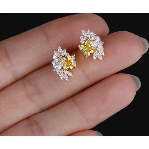 925 Sterling Silver Plated 14K Gold Shiny Zircon Yellow Diamond Retro Charming Luxury Stud Earring Jewelry for Women Gift New