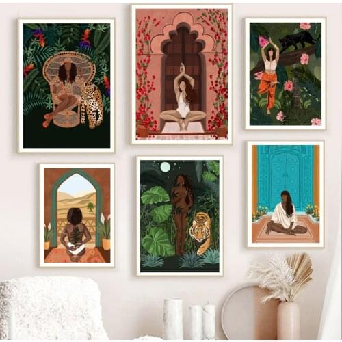 Abstract Fashion Girl yoga Leopard Tiger Nordic Vintage Poster Wall Art Prints Canvas Painting Decor Pictures For Living Room