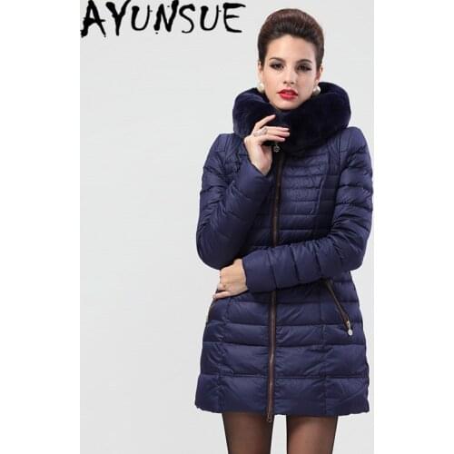 AYUNSUE New Brand Womens Winter Down Jacket Woman Natural Rex Rabbit Fur Collar Duck Down Coat Female Thick Warm Coats Jackets