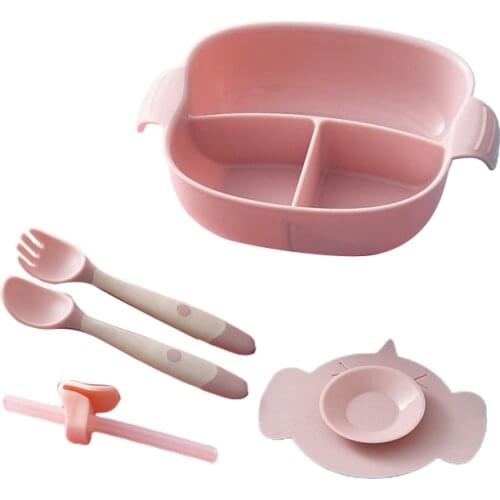 Baby Divided Plate Bowl Suction Cup Dishes Spoon Fork Bibs Straw Tableware Set R7RB