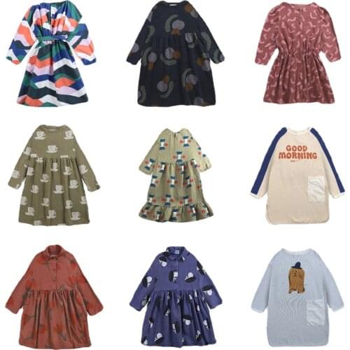 Pre-sale Girls' Dresses 2021 Autumn and Winter Baby Childrens Flowers Full-print Long-sleeved Lapel Dress Girl Long Dress