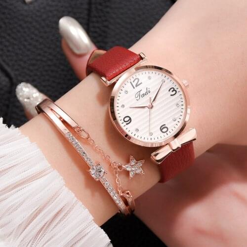 Top Brand Dress Female Watches Simple Rhinestone Womans Watch Bracelet Set 2PCS Leather Ladies Wristwatch Dropship reloj mujer