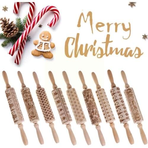Creativity Christmas Deer Snowflake Star Pattern Wooden Cake Biscuit Embossing Pin Noodle Rolling Fondant Baking Molds Cook L7X6