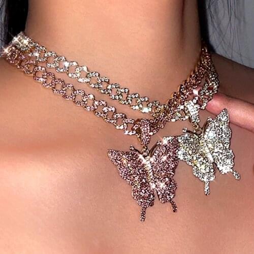 Statement Crystal Big Butterfly Pendant Miami Cuban Link Chain Choker For Women Shining Animal Butterfly Chunky Necklace Jewelry