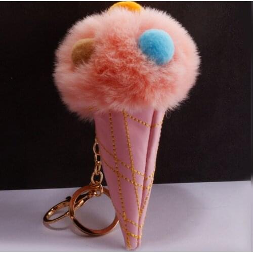 Fashion Ice Cream Shape Pompom Fluffy Ball Ice Cream Key Chain Women Girl Bag Pendant Car Accessories Keyrings QS1822