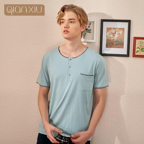 Mens cotton home clothes light spring and summer new mens crew neck half sleeve pants simple fashion pajamas