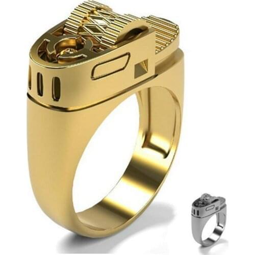 New Personality Creative Gold-Plated Lighter Shape Metal Ring Mens Punk Rock Locomotive Jewelry