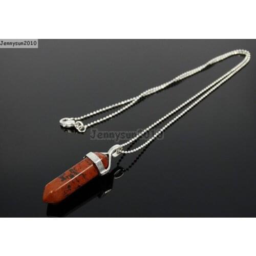 Natural Mahagony Gems Stones Hexagonal Pointed Healing Reiki Chakra Pendant Silver 17'' Chain Necklace 5Sets/Pack