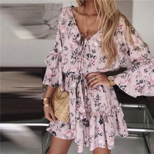 Autumn V Neck Cascading Ruffles Floral Dress Women Long Flare Sleeve Loose Print Dress Female Boho A Line Mini Beach Vestidos
