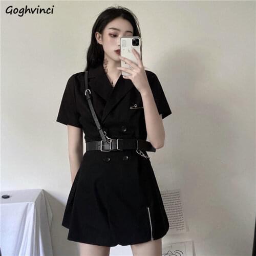 Dresses Women Summer Leisure Short Sleeve Black A-line Cargo Mini Dress with Sashes Double Breasted Harajuku Streetwear Sexy New