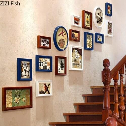 16 Pcs-set Stairs Hanging Wall Ornament Character Scenery Painting Photo Frame Walls Combination Nordic Mural Rustic Home Decor