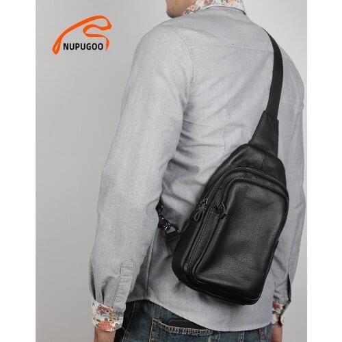 NUPUGOO Casual chest Sport bag Genuine Leather Sport black men Classic fashion trend breast bag hold 7.9 inch ipad zipper pocket