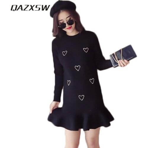 QAZXSW 2019 New Spring Plus Size Women Knitted Dress Long Sleeve Woolen Dresses Harajuku Ladies Party Dresses Vestidos HB583