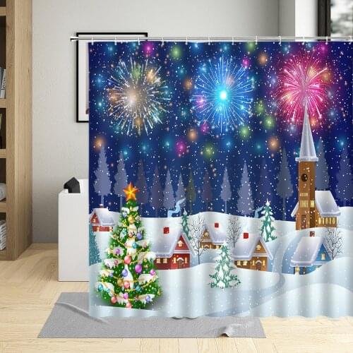 Christmas Shower Curtain Night Starry Sky Xmas Tree Forest Winter Snow Scenery Patter Bathroom Decor Polyester Cloth Curtain Set