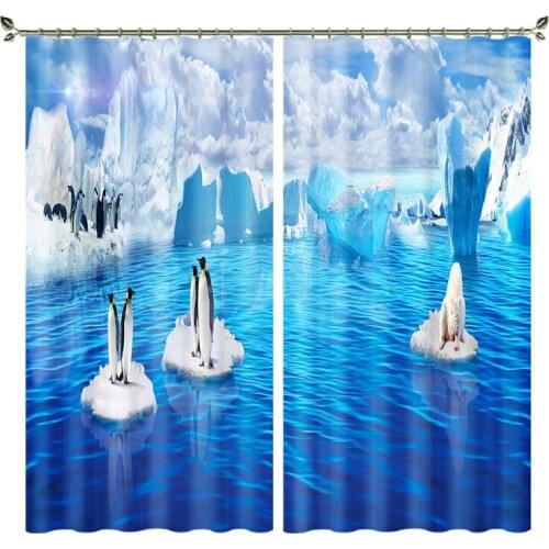 3D Blackout curtains penguin print on blue sea Living Room room Window curtains bedroom stereoscopic curtains include 2 Panels