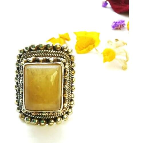 Vintage Metal Rings for Man Copper inlaid Natural Yellow Jadestone Stone Big Flower Square Ring R228