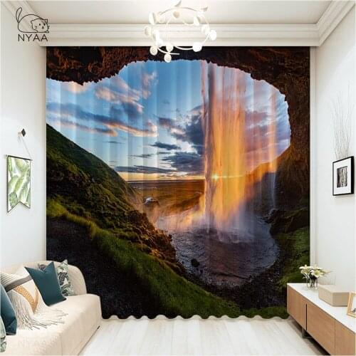 Mountain Lake Sunset Waterfall Landscape Curtains Tropical Cafe Bedroom Curtain Blackout Short Curtains For Kids Micro Shading