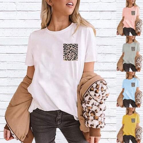 2021 New style Womens Round Neck Short Sleeve T-Shirt Casual Ladies Leopard Print Pocket top cotton soft breathable pullovers