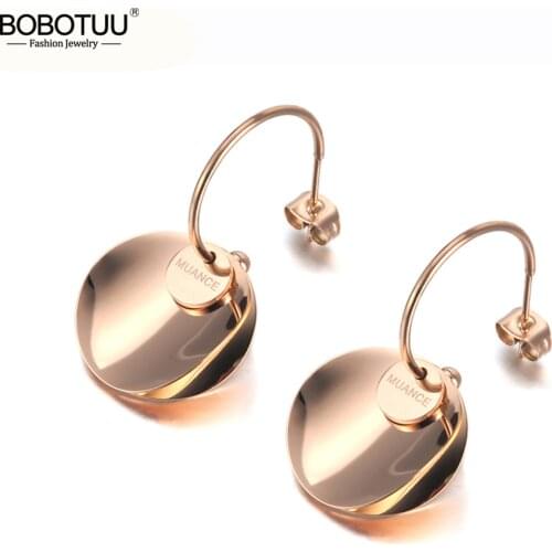 BOBOTUU New Titanium Steel Geometric Double Circle Disc Earrings For Women Bohemia Rose Gold Hyperbole Earrings Jewelry BE19203