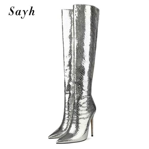 Women Knee High Boots Pointed Toe Thin Boots Heels Silver Sequins Back Zipper Modern Runway Shoes