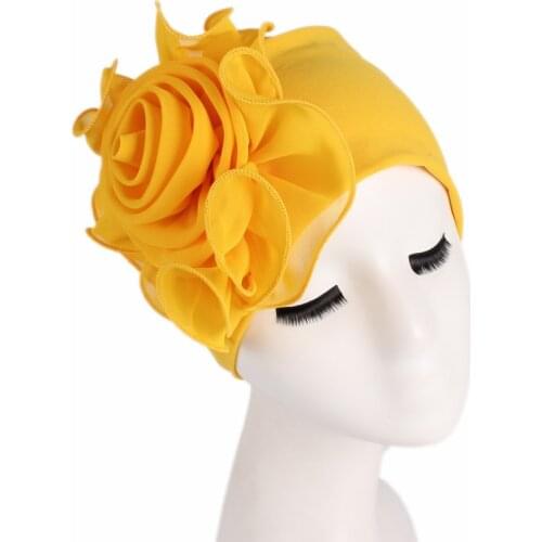 Solid Color Big Flower Women Elastic Hair Loss Cap Turban African Head Wrap Hijab Wedding Party Headwear Mujer Hair Accessories