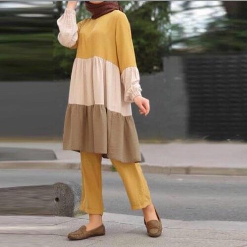 Women Muslim Sets Two Piece Set Eid Ramadan Abaya Turkey Islamic Clothing Pleated Top and Long Pants Caftan Musulman Ensembles