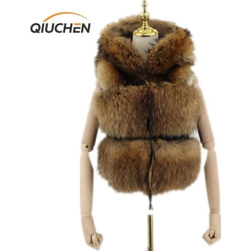 QIUCHEN PJ8051-1 Women Real Fur Vest with hood Genuine Raccoon Fur Gilet Waistcoat women winter fashion short vest high quality