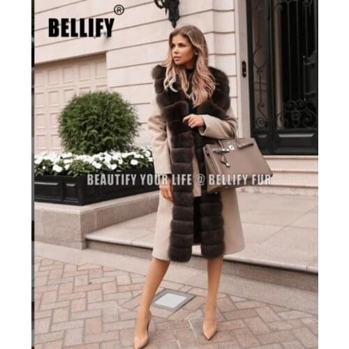 Real Fox Fur Collar Cashmere Coat Wool Blends Winter Sable Color Real Fur Trench Women Clothes Real Fur Outwear